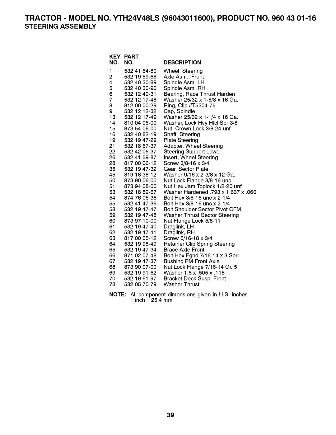 Husqvarna YTH24V48LS owner manual 532 41 Wheel, Steering 532 19 