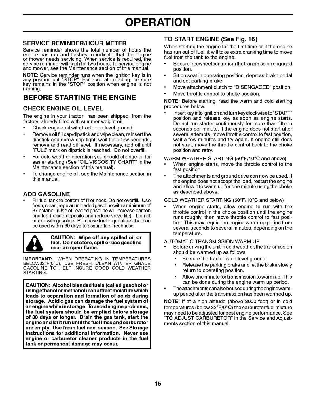 Husqvarna YTH24V54 Before Starting the Engine, Service REMINDER/HOUR Meter, Check Engine OIL Level, ADD Gasoline 