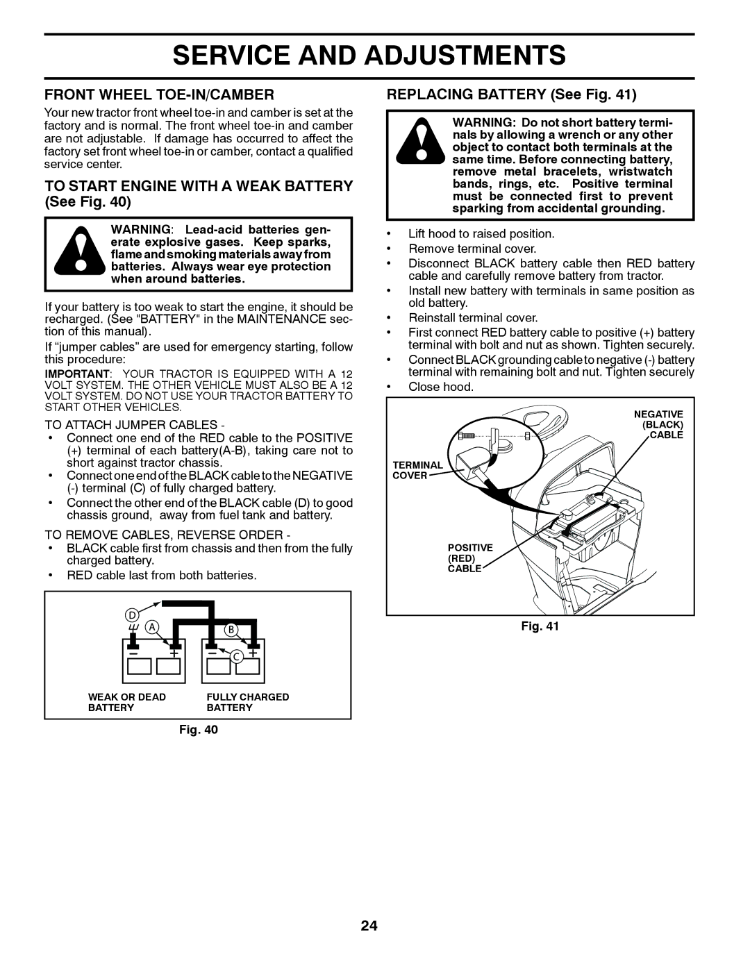 Husqvarna YTH24V54 Front Wheel TOE-IN/CAMBER, To Start Engine with a Weak Battery See Fig, Replacing Battery See Fig 