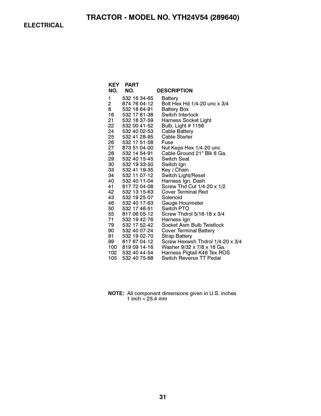 Husqvarna YTH24V54 owner manual Electrical, KEY Part Description 