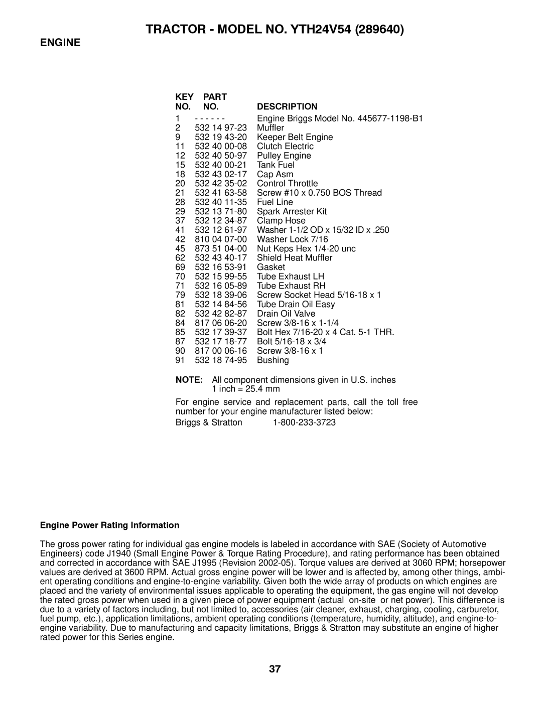 Husqvarna YTH24V54 owner manual Engine Power Rating Information 