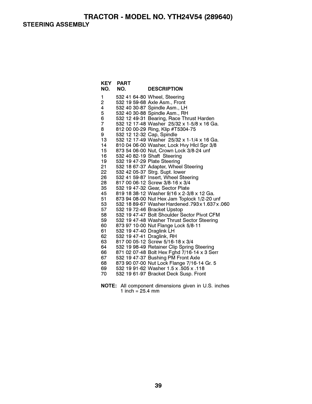 Husqvarna YTH24V54 owner manual KEY Part NO. NO. Description 