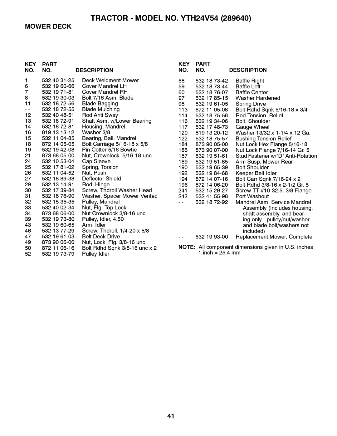 Husqvarna YTH24V54 owner manual KEY Part Description, 532 40 31-25 Deck Weldment Mower 