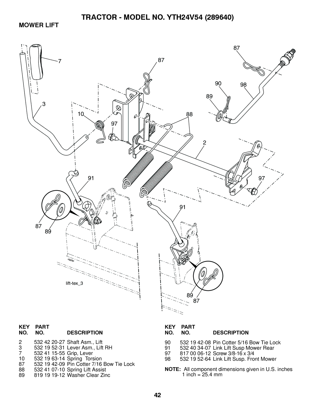 Husqvarna YTH24V54 owner manual Mower Lift, KEY Part NO. NO. Description 