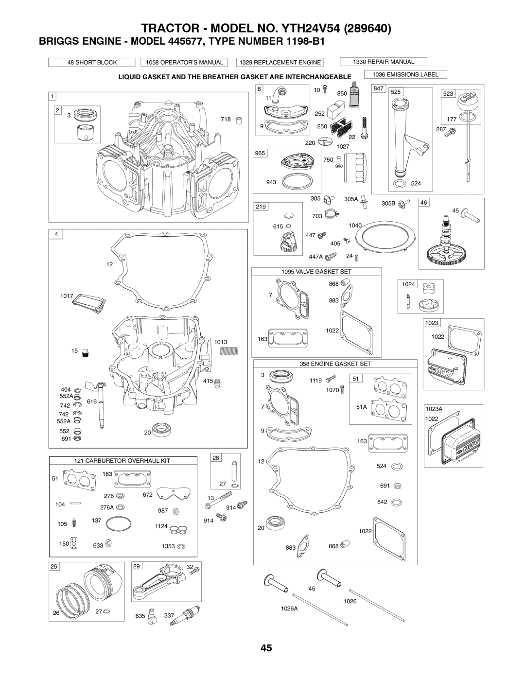 Husqvarna YTH24V54 owner manual Briggs Engine Model 445677, Type Number 1198-B1 