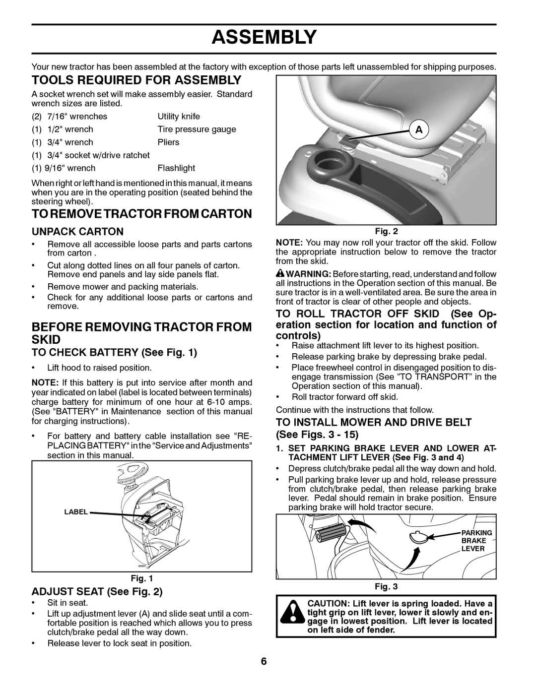 Husqvarna YTH24V54 Tools Required for Assembly, Toremovetractorfromcarton, Before Removing Tractor from Skid 