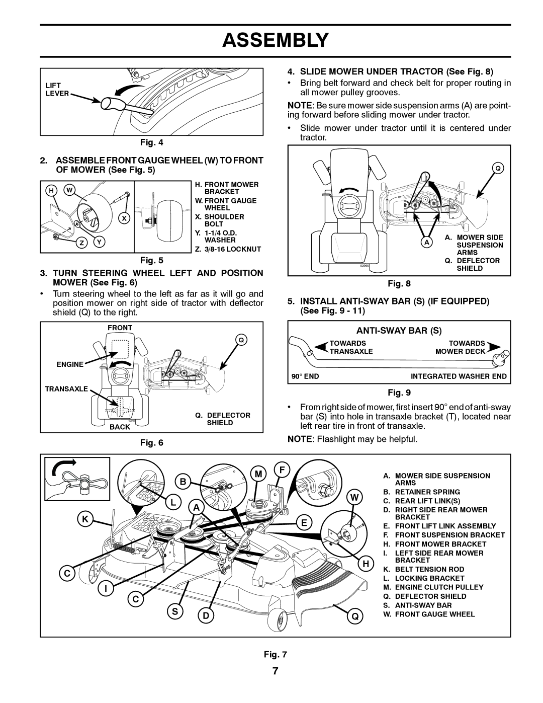 Husqvarna YTH24V54 Turn Steering Wheel Left and Position Mower See Fig, Install ANTI-SWAY BAR S if Equipped See 