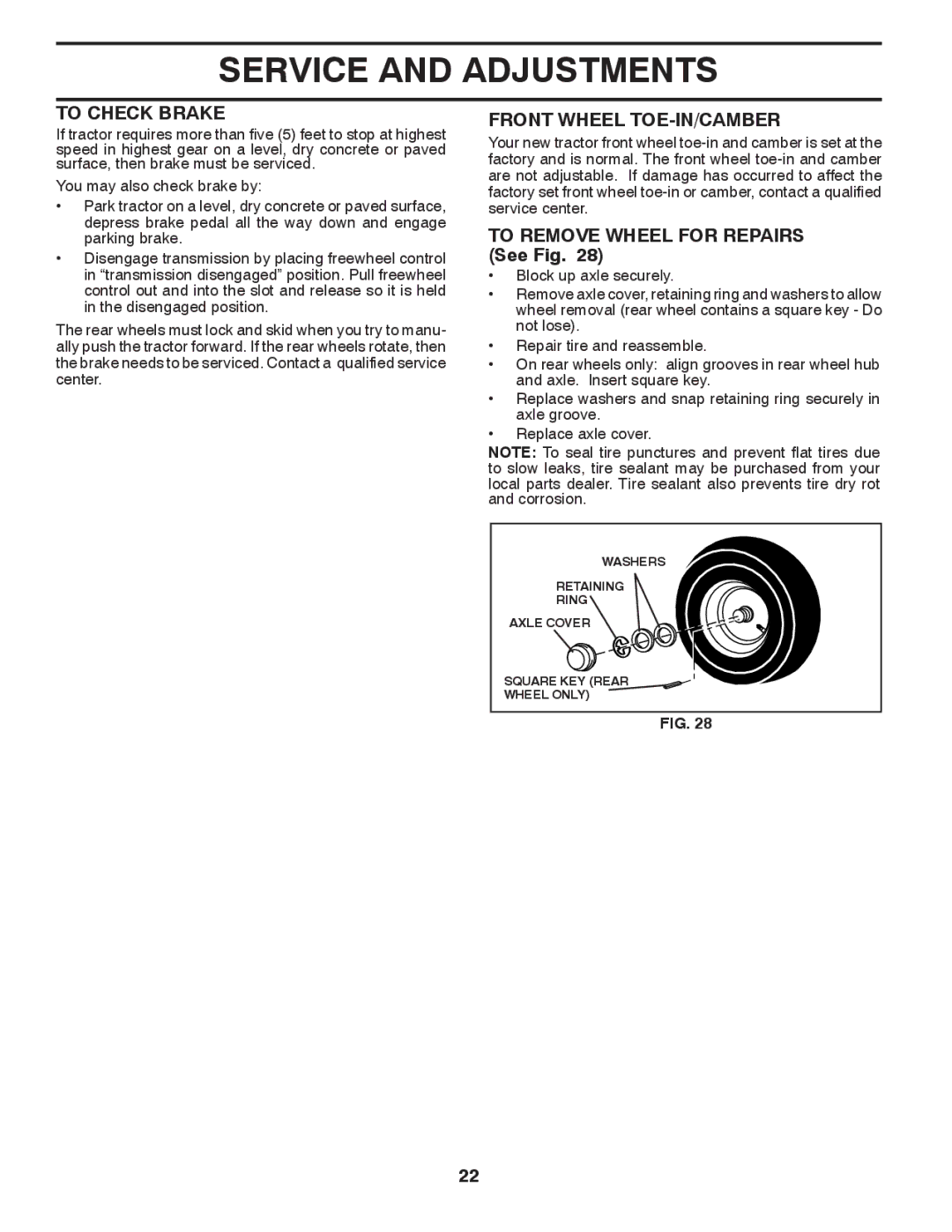 Husqvarna YTH2546 owner manual To Check Brake, Front Wheel TOE-IN/CAMBER, To Remove Wheel for Repairs See Fig 