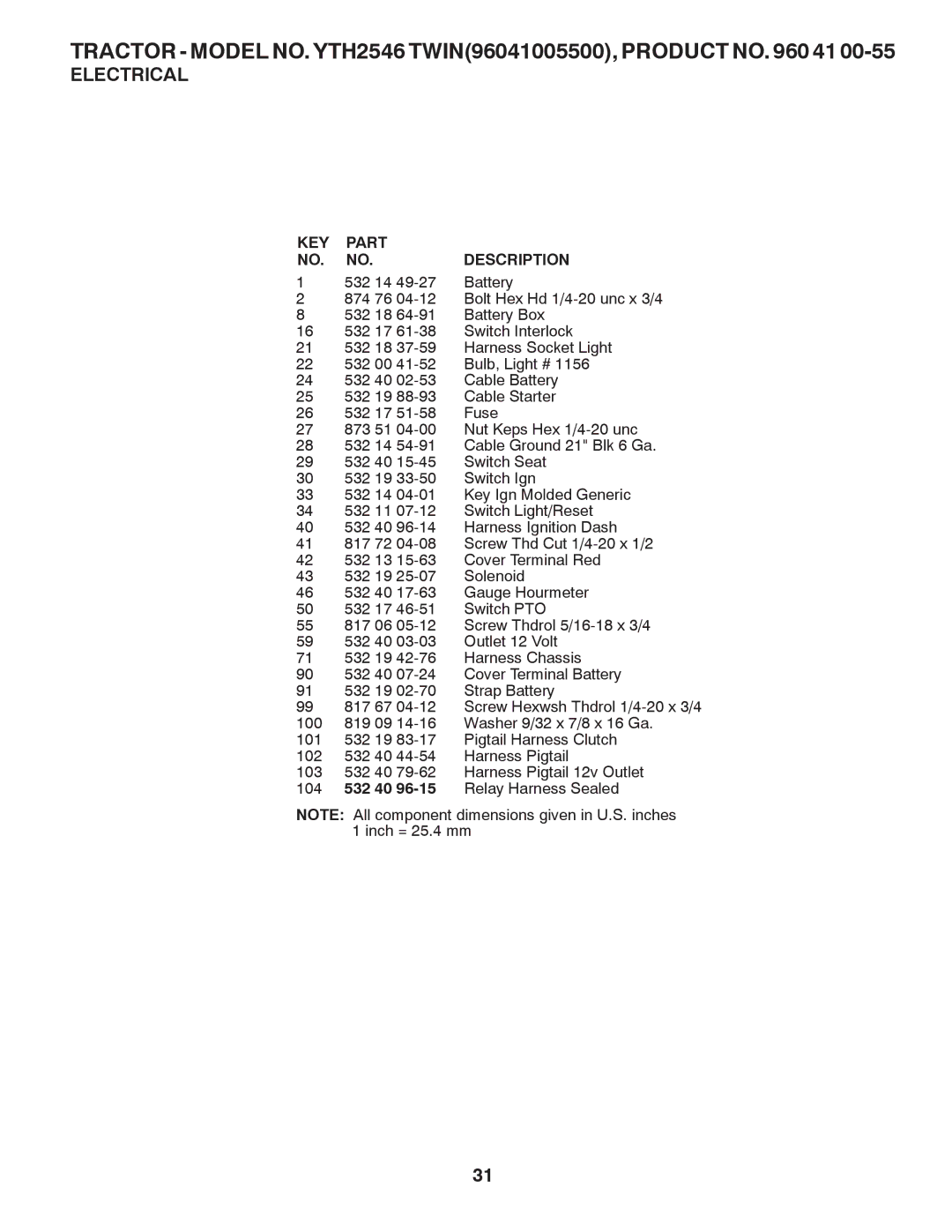 Husqvarna YTH2546 owner manual KEY Part Description 