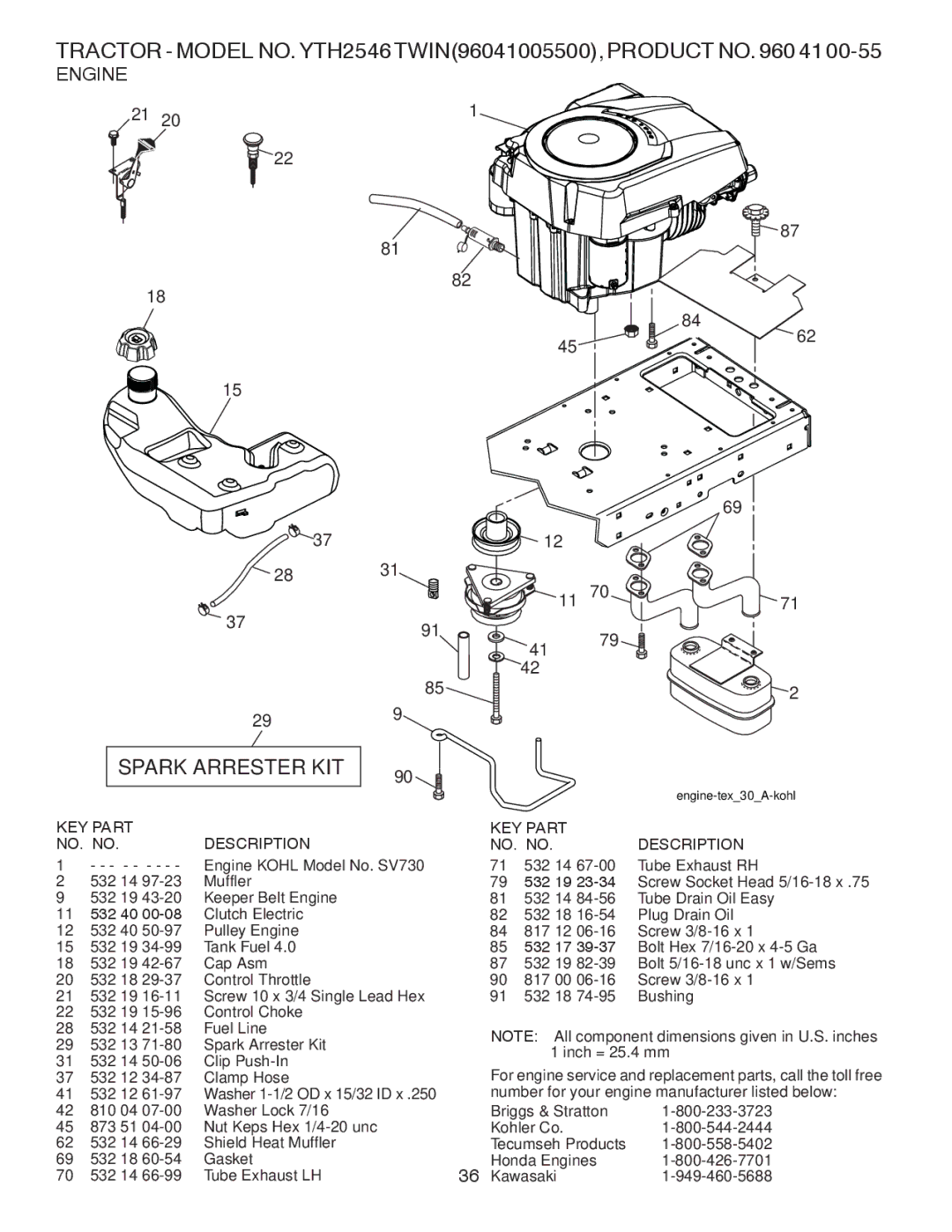 Husqvarna YTH2546 owner manual Spark Arrester KIT, Engine 