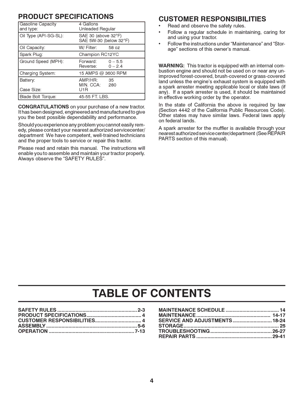 Husqvarna YTH2546 owner manual Table of Contents 