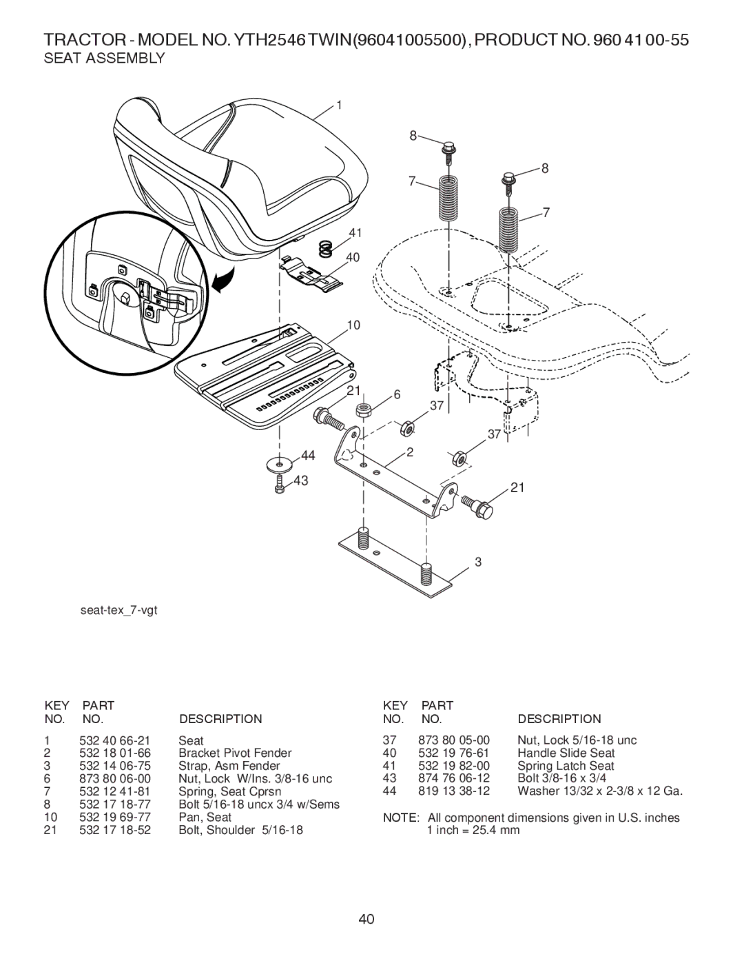 Husqvarna YTH2546 owner manual Seat Assembly 