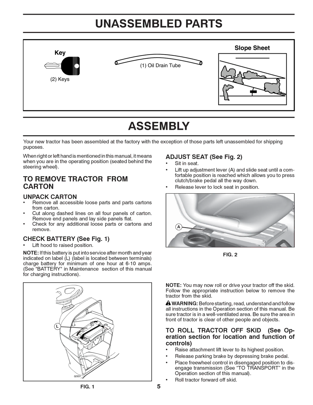 Husqvarna YTH2546 owner manual Unassembled Parts, Assembly, To Remove Tractor from Carton, Unpack Carton 