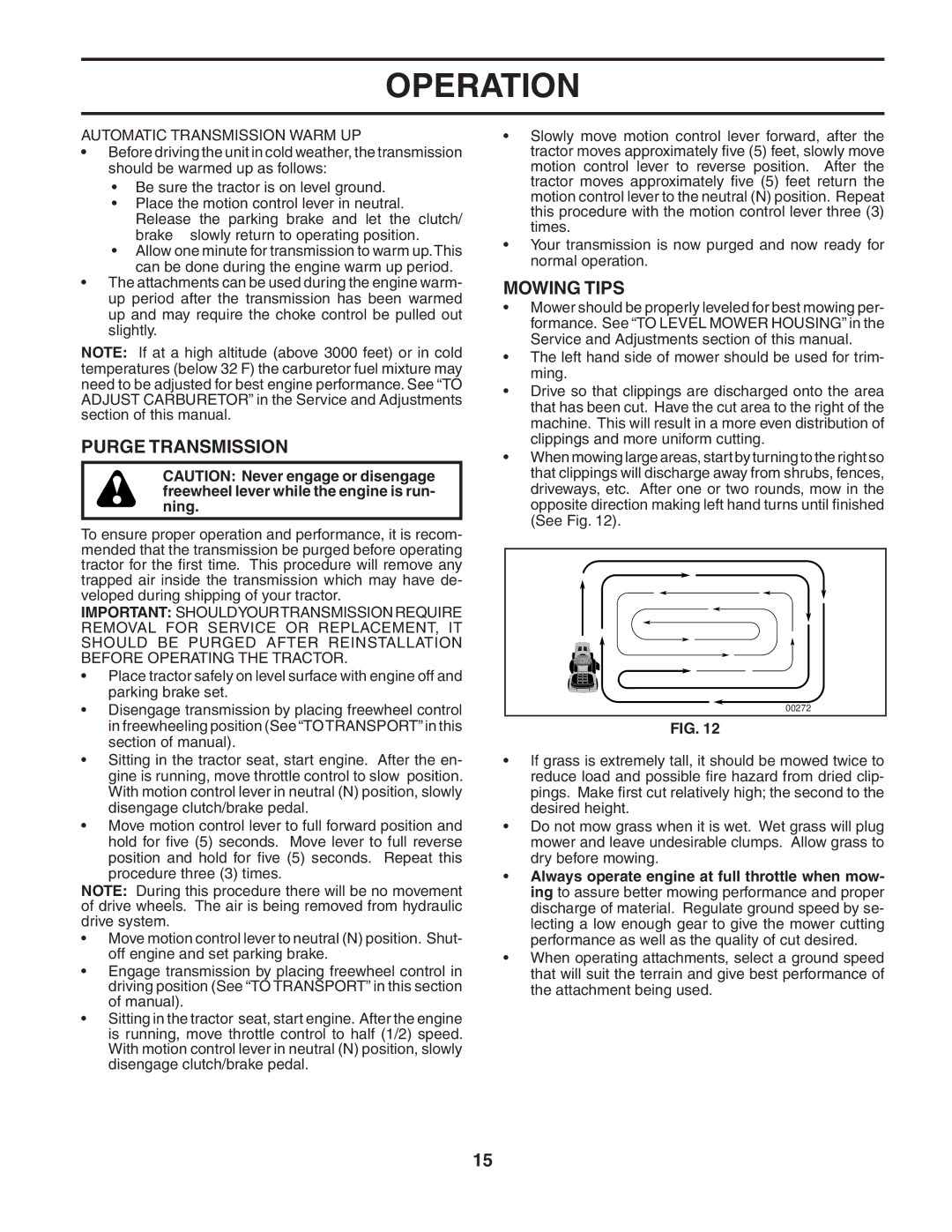 Husqvarna YTH2548 owner manual Purge Transmission, Mowing Tips, Automatic Transmission Warm UP 