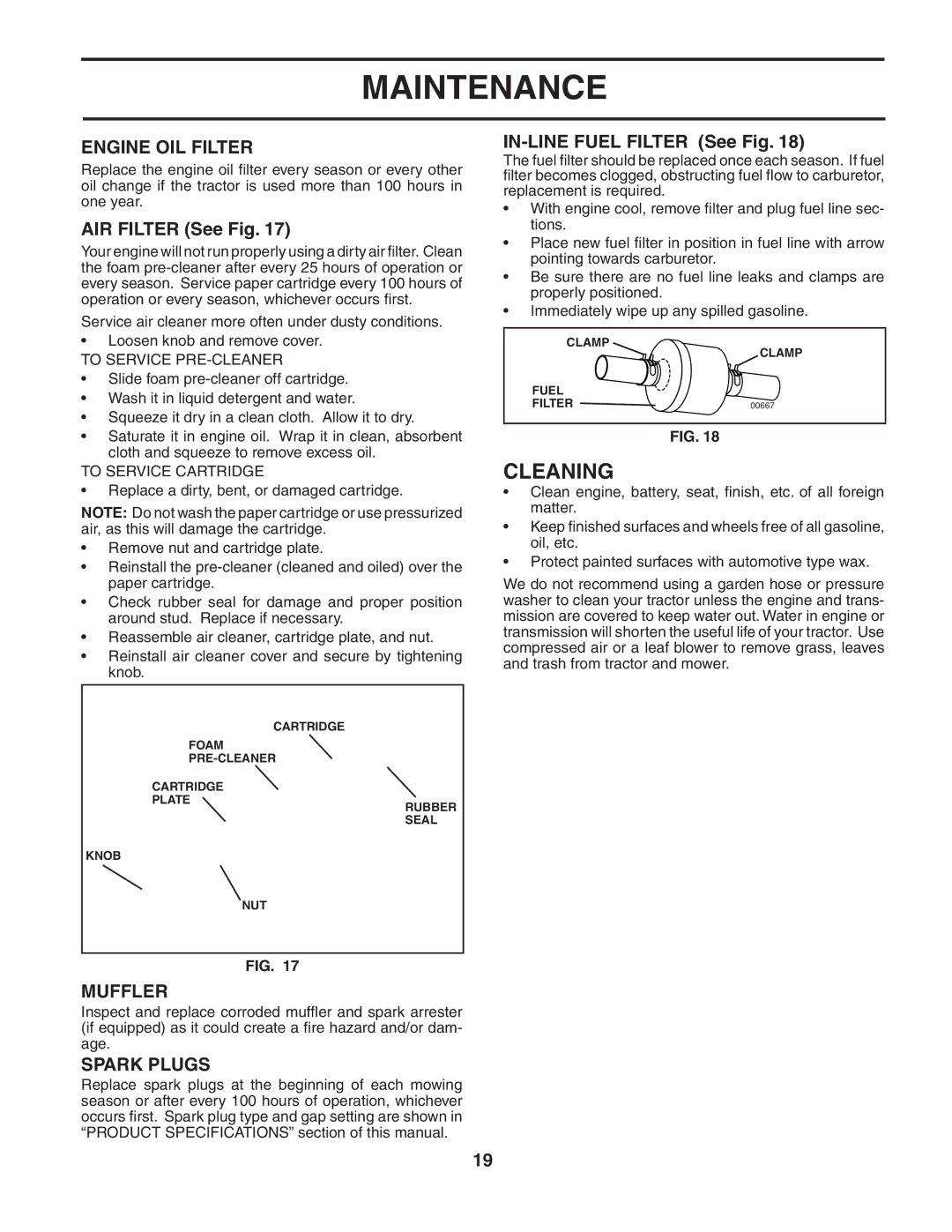 Husqvarna YTH2548 owner manual Cleaning, Engine OIL Filter, Muffler, Spark Plugs 