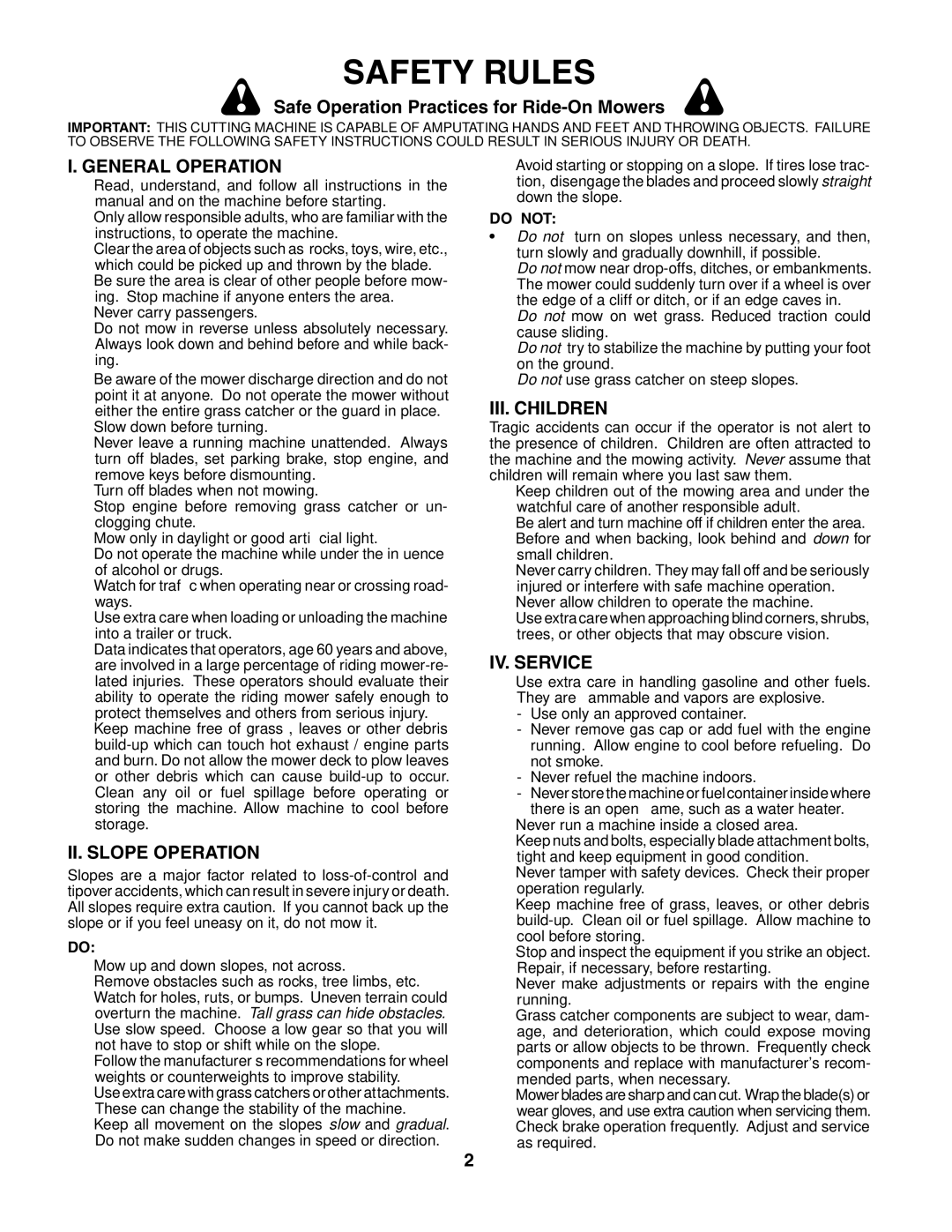 Husqvarna YTH2548 owner manual Safety Rules, General Operation, II. Slope Operation, III. Children, IV. Service 