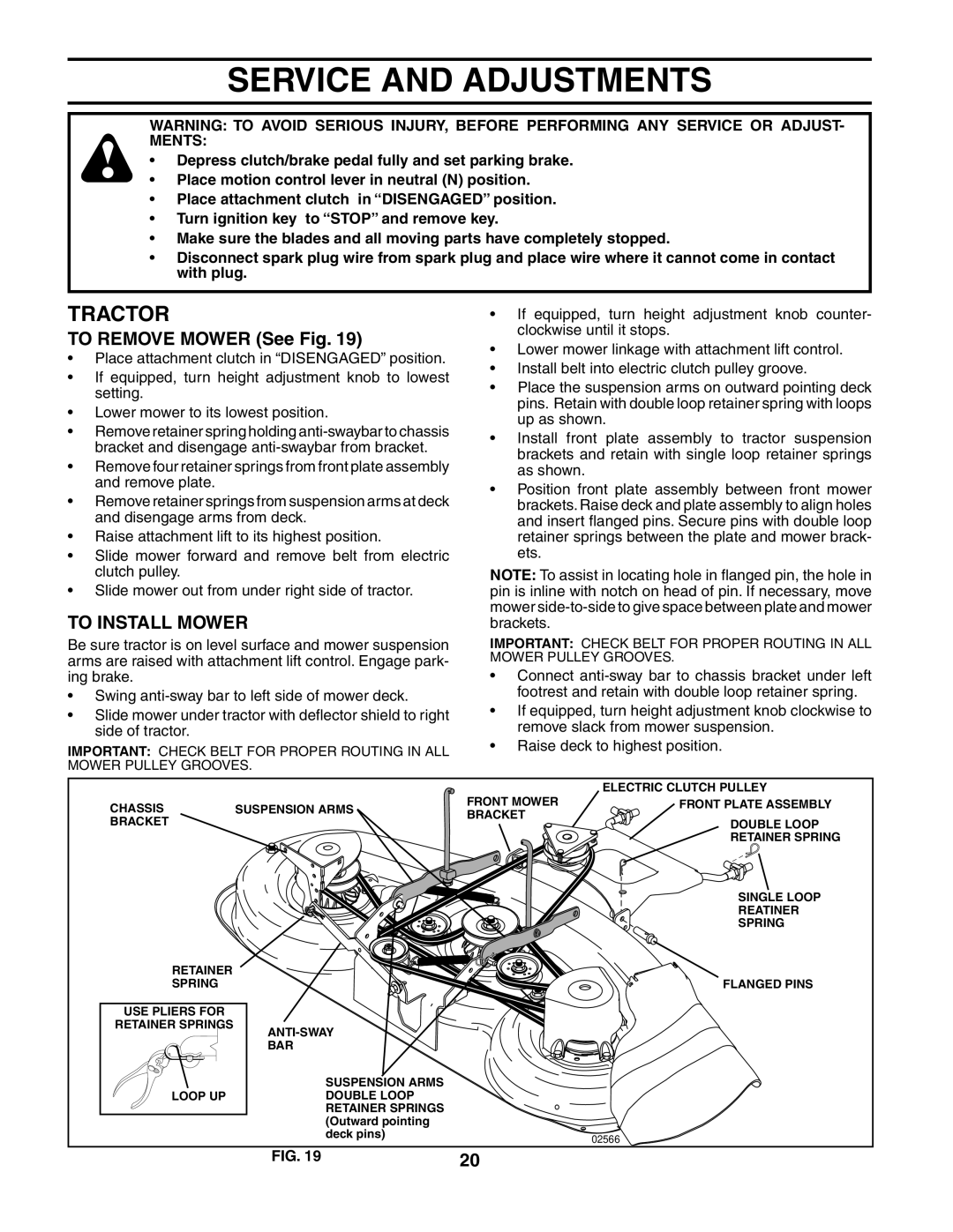 Husqvarna YTH2548 owner manual Service and Adjustments, To Remove Mower See Fig, To Install Mower 