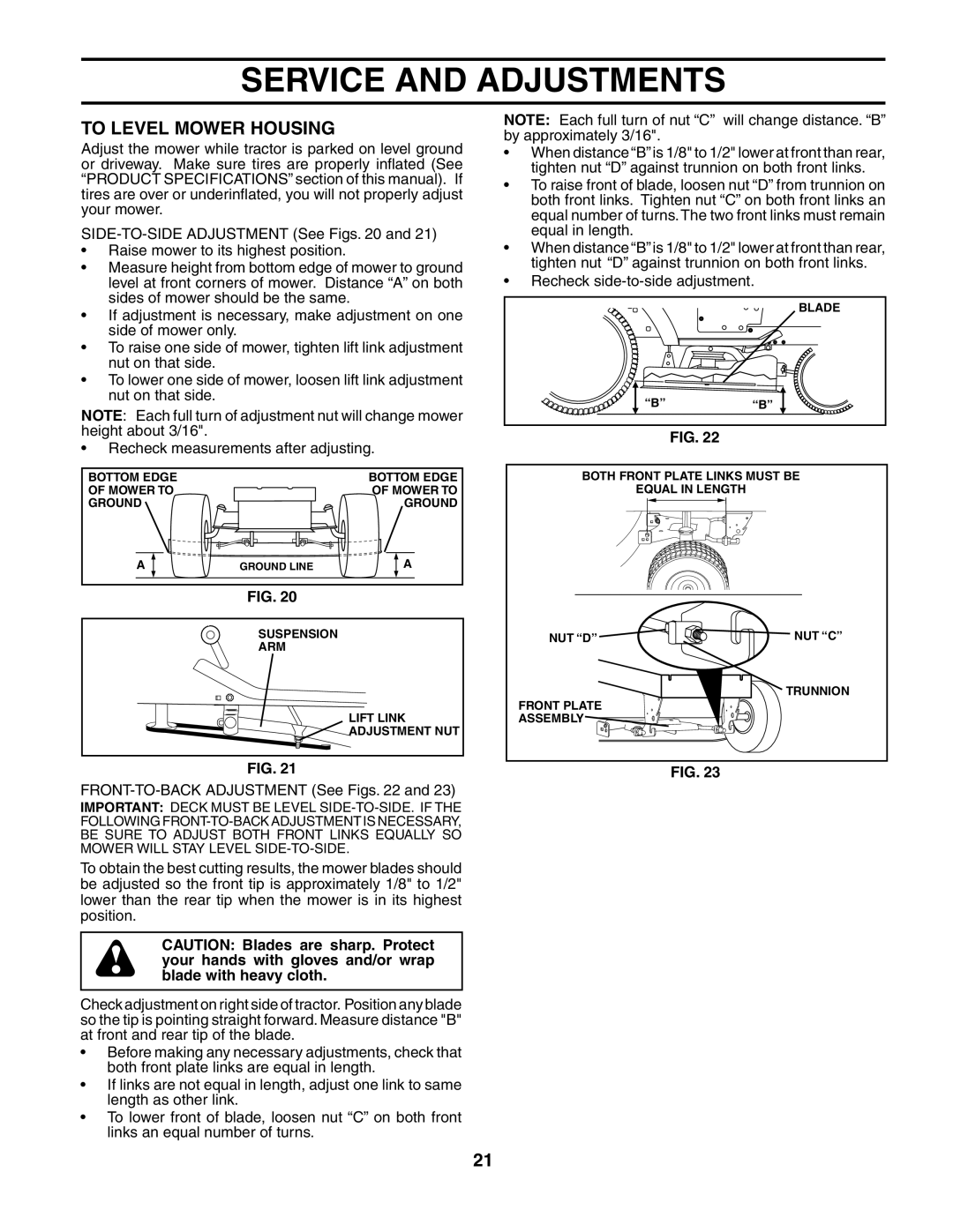 Husqvarna YTH2548 owner manual To Level Mower Housing, FRONT-TO-BACK Adjustment See Figs 