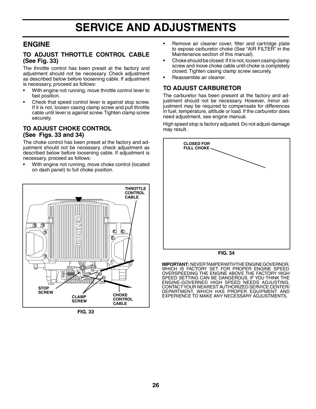 Husqvarna YTH2548 owner manual To Adjust Throttle Control Cable See Fig, To Adjust Carburetor 