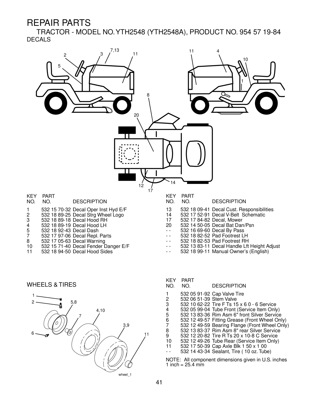 Husqvarna YTH2548 owner manual Decals, Wheels & Tires 