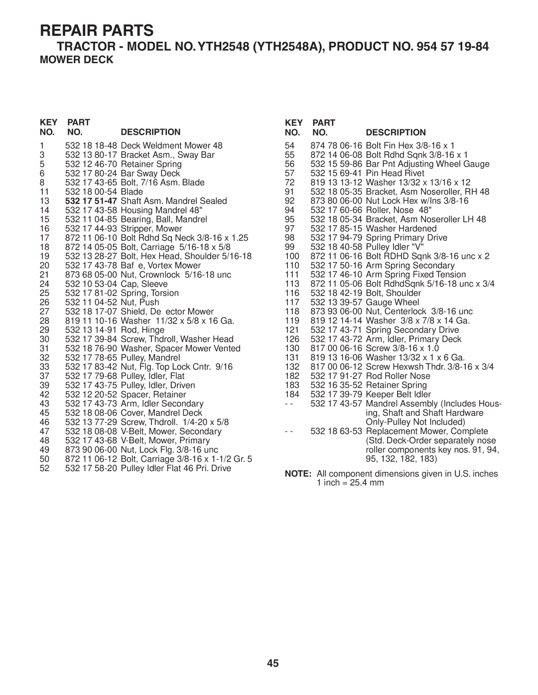 Husqvarna YTH2548 owner manual Repair Parts 