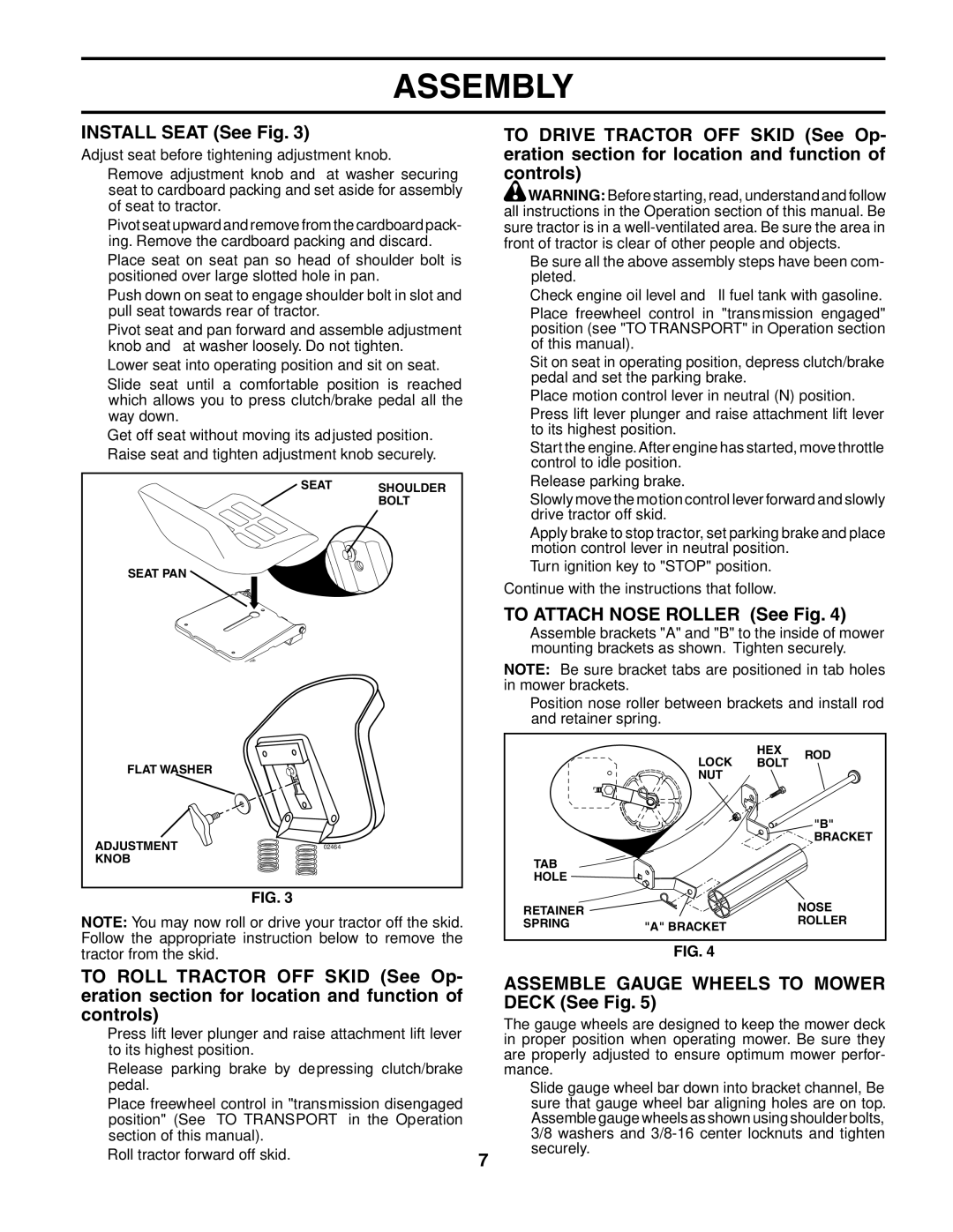 Husqvarna YTH2548 Install Seat See Fig, To Attach Nose Roller See Fig, Assemble Gauge Wheels to Mower Deck See Fig 