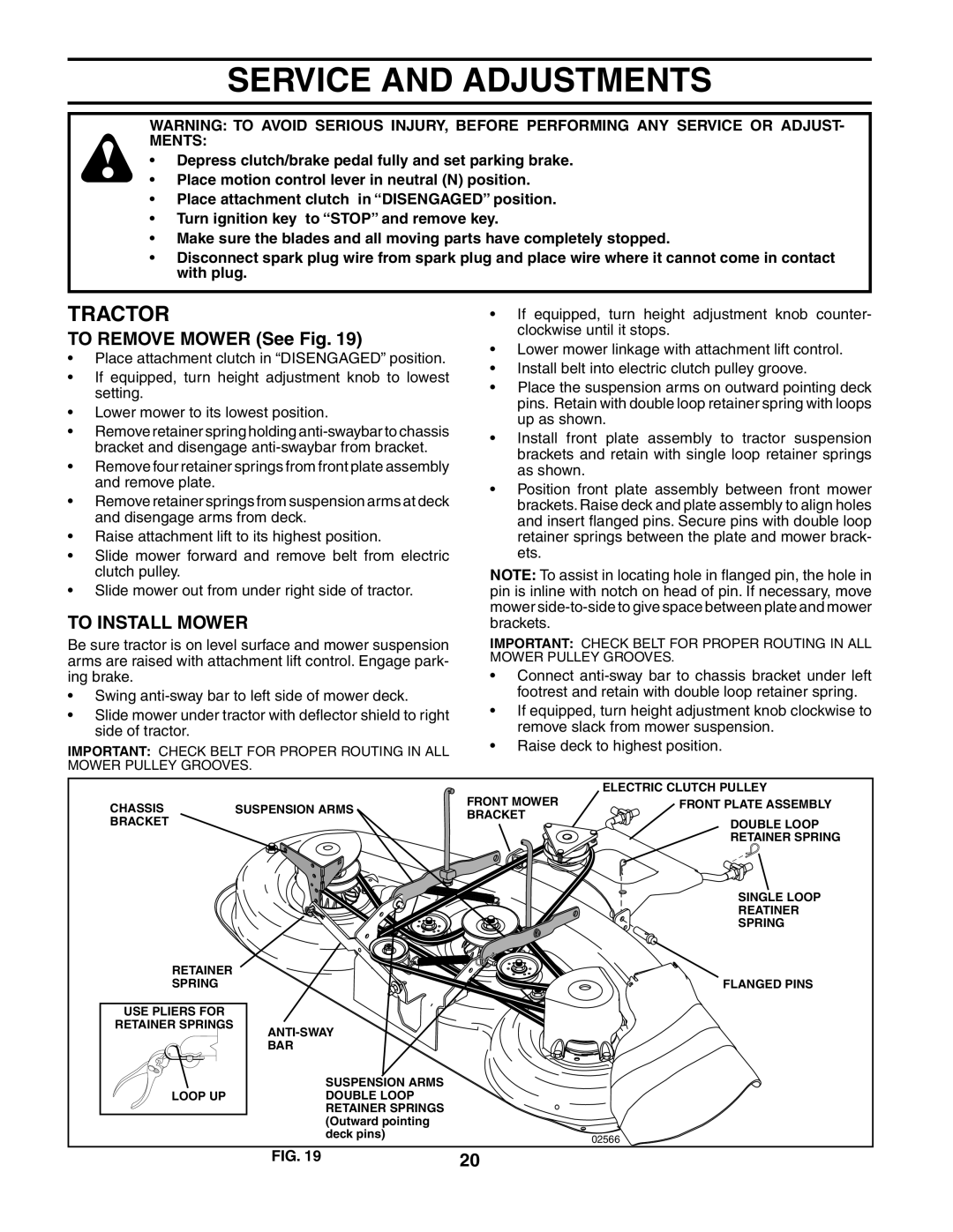 Husqvarna YTH2548 owner manual Service And Adjustments, TO REMOVE MOWER See Fig, To Install Mower, Tractor 