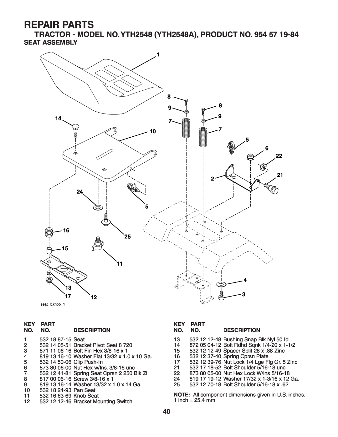 Husqvarna Seat Assembly, Repair Parts, TRACTOR - MODEL NO. YTH2548 YTH2548A, PRODUCT NO. 954 57, seatlt.knob1 