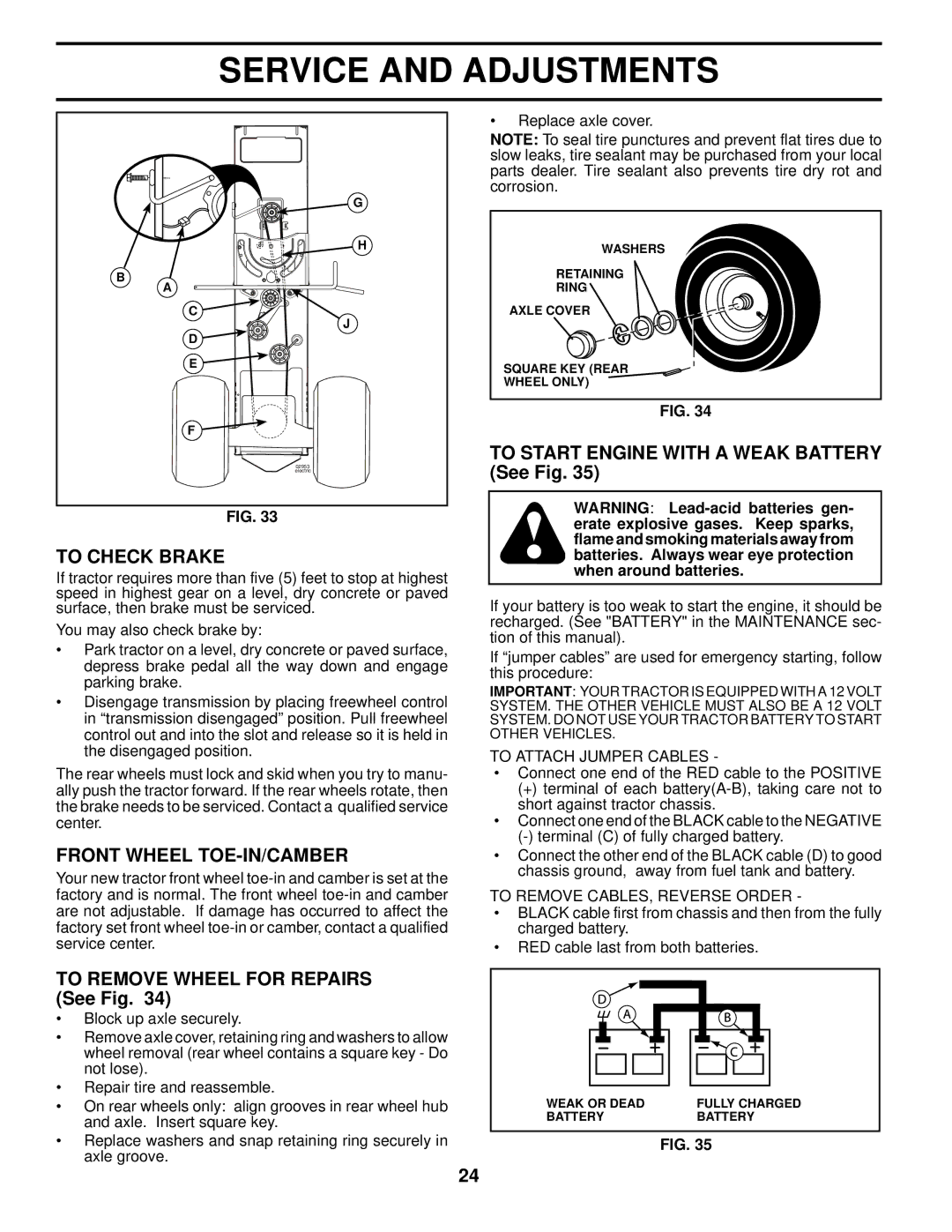 Husqvarna YTH2548XP owner manual Front Wheel TOE-IN/CAMBER, To Remove Wheel for Repairs See Fig, To Attach Jumper Cables 