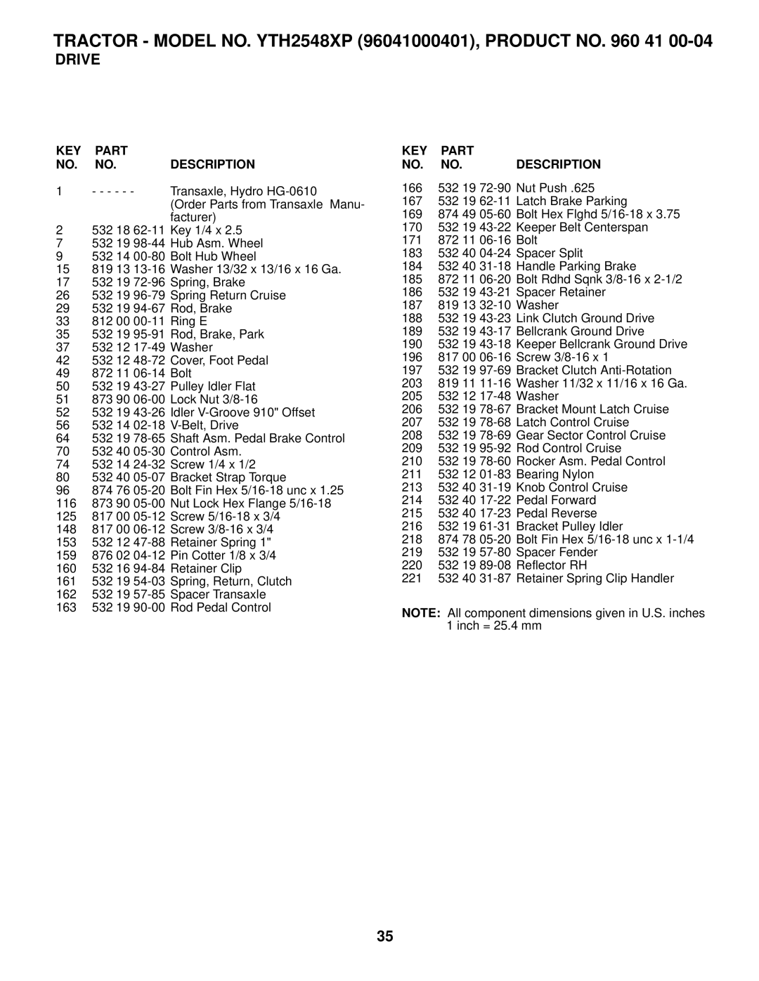 Husqvarna YTH2548XP owner manual Transaxle, Hydro HG-0610 