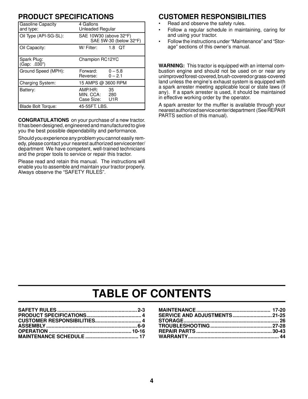 Husqvarna YTH2548XP owner manual Table of Contents 