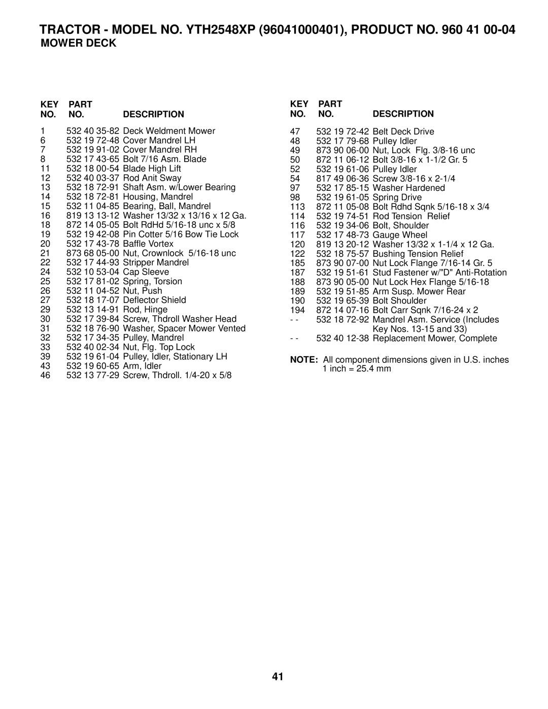 Husqvarna owner manual Tractor Model NO. YTH2548XP 96041000401, Product no 41 