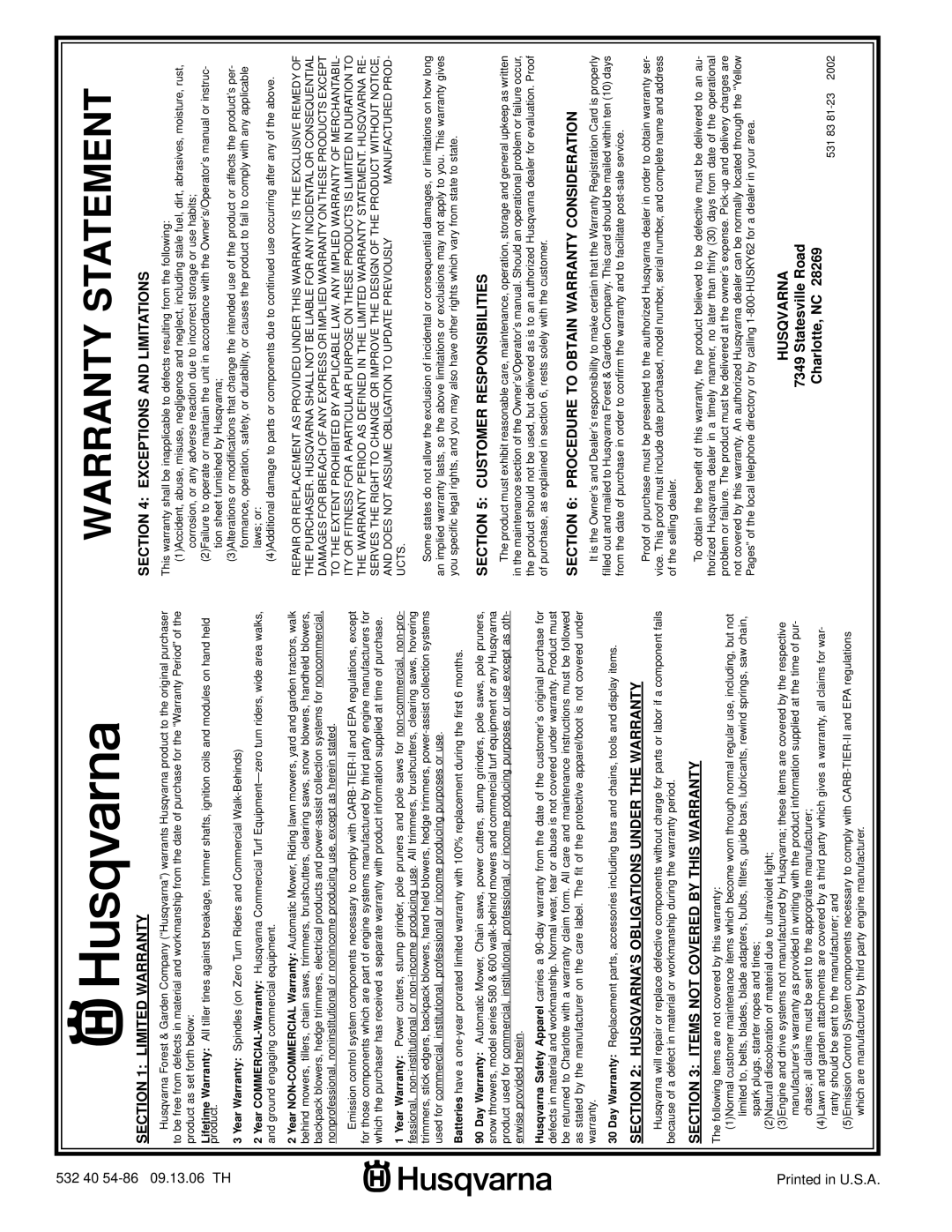 Husqvarna YTH2548XP owner manual Warranty Statement 