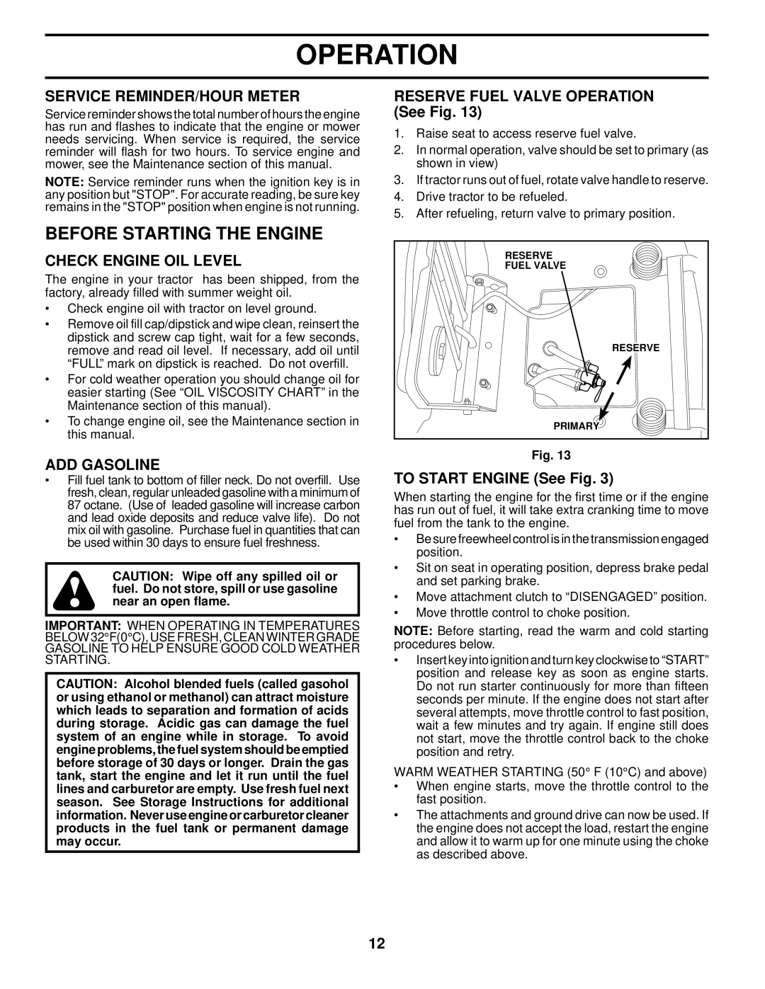 Husqvarna YTH2648 TF Before Starting the Engine, Service REMINDER/HOUR Meter, Check Engine OIL Level, ADD Gasoline 