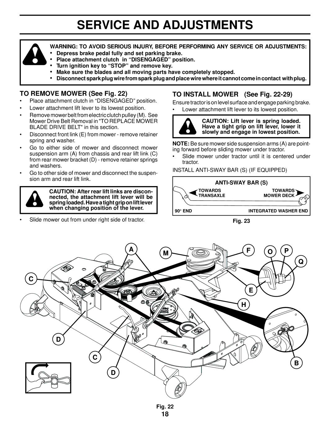 Husqvarna YTH2648 TF Service and Adjustments, To Remove Mower See Fig, To Install Mower See Fig, O P, Anti-Sway Bar S 