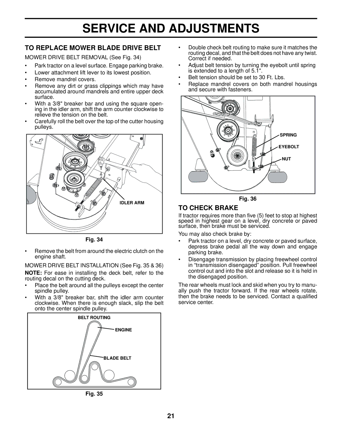 Husqvarna YTH2648 TF owner manual To Replace Mower Blade Drive Belt, To Check Brake 