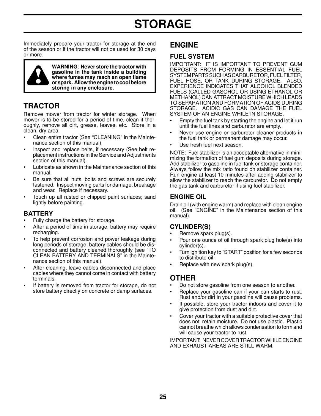 Husqvarna YTH2648 TF owner manual Storage, Other, Fuel System, Engine OIL, Cylinders 