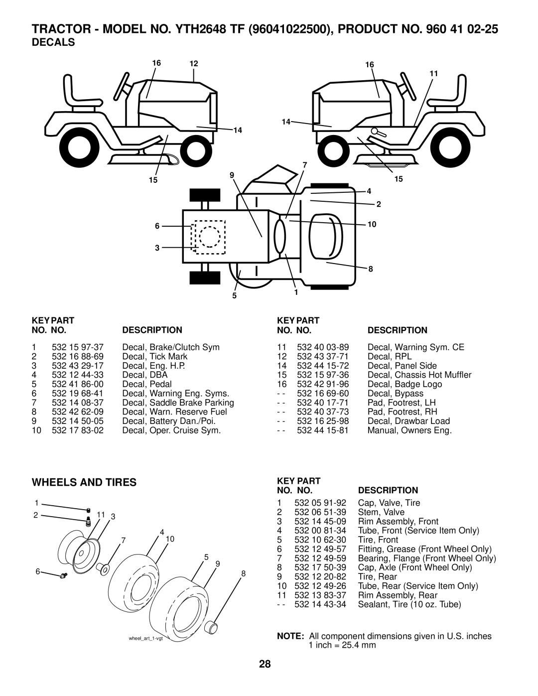 Husqvarna YTH2648 TF owner manual Decals, Wheels and Tires, KEY Part NO. no Description 