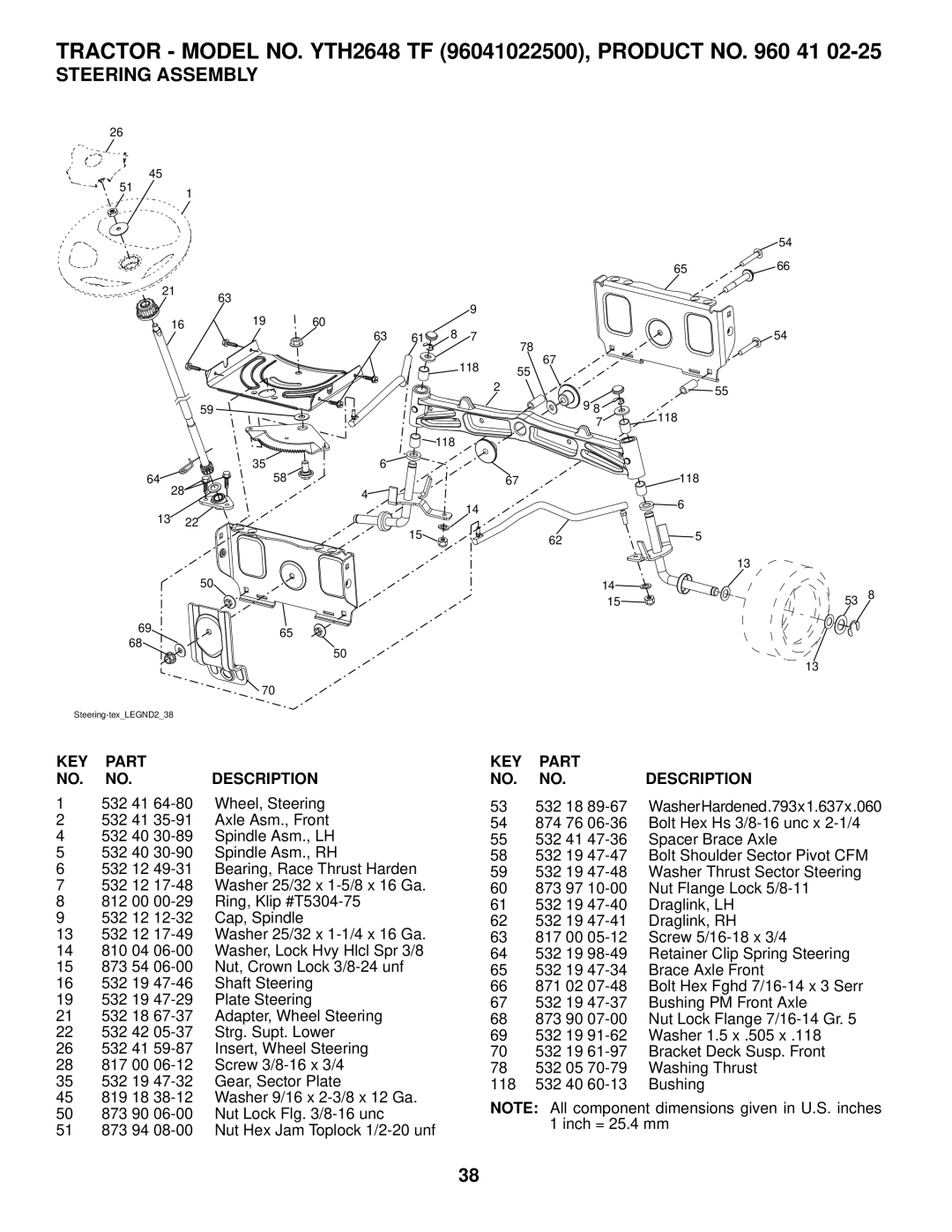 Husqvarna YTH2648 TF owner manual Steering Assembly 