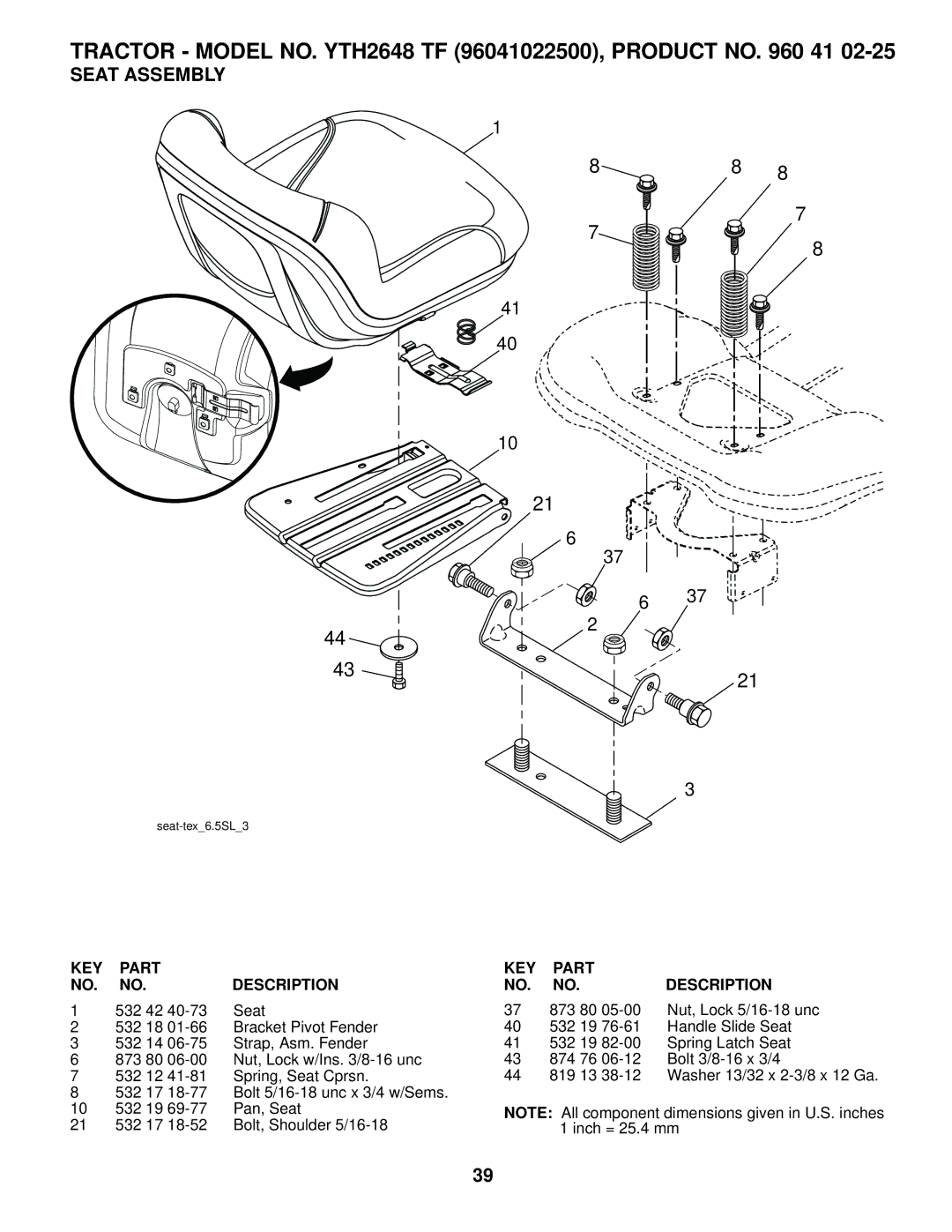 Husqvarna YTH2648 TF owner manual Seat Assembly, 532 42 Seat 