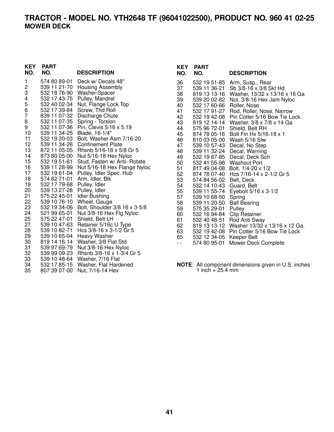 Husqvarna owner manual Tractor Model NO. YTH2648 TF 96041022500, Product no 41 