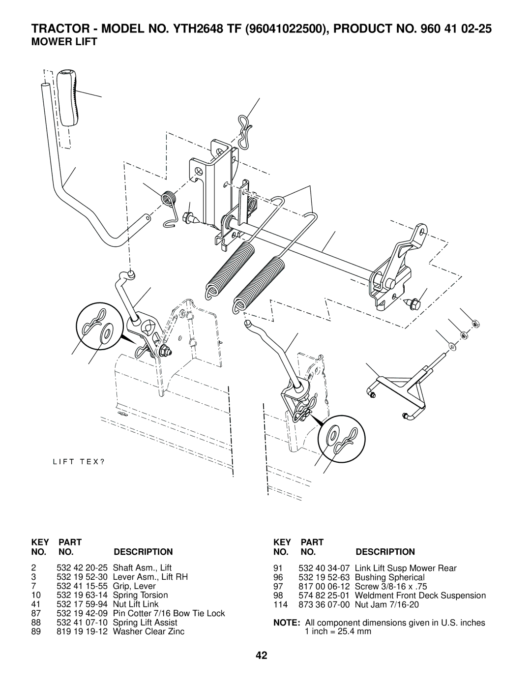 Husqvarna YTH2648 TF owner manual Mower Lift,     