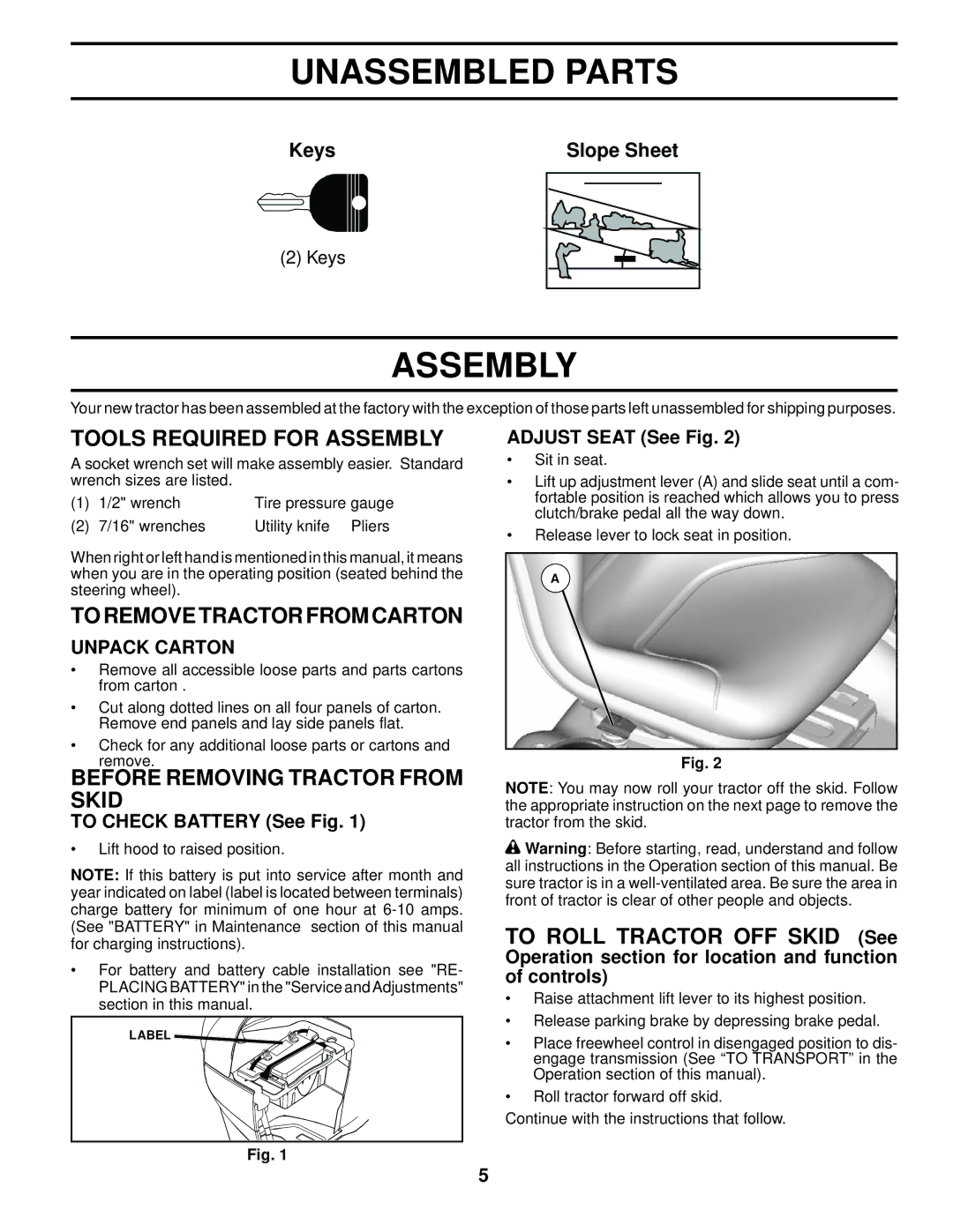 Husqvarna YTH2648 TF owner manual Unassembled Parts, Tools Required for Assembly, Toremovetractorfromcarton 