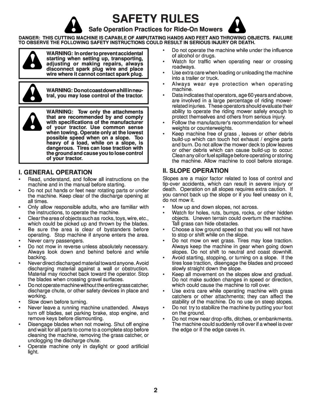 Husqvarna YTH2648 TF Safety Rules, Safe Operation Practices for Ride-On Mowers, I. General Operation, Ii. Slope Operation 