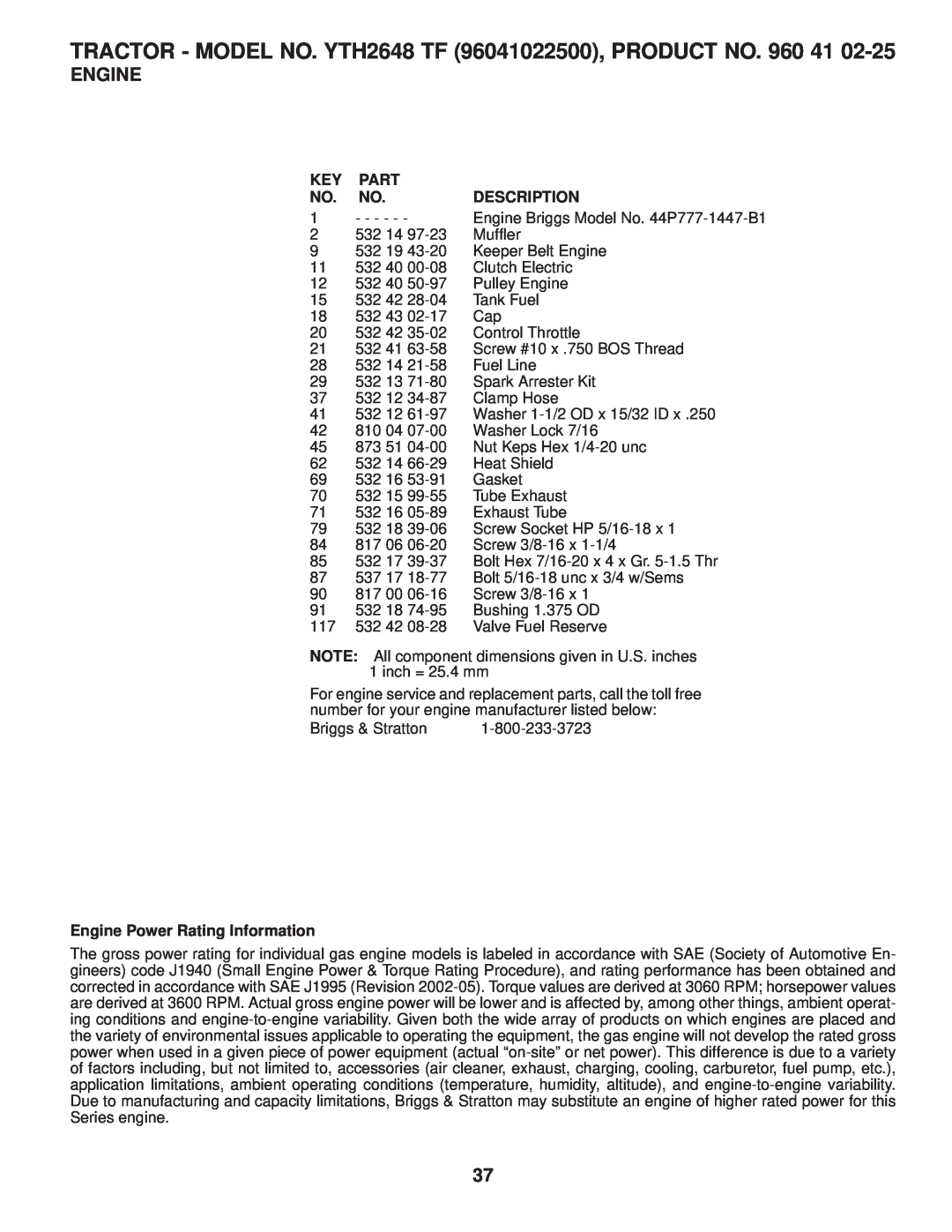 Husqvarna owner manual TRACTOR - MODEL NO. YTH2648 TF 96041022500, PRODUCT NO. 960, Engine, Part, Description 