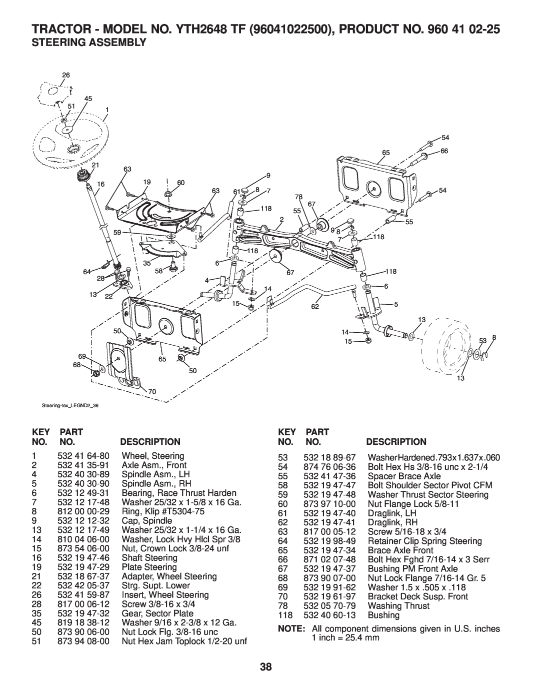 Husqvarna owner manual Steering Assembly, TRACTOR - MODEL NO. YTH2648 TF 96041022500, PRODUCT NO, Part, Description 