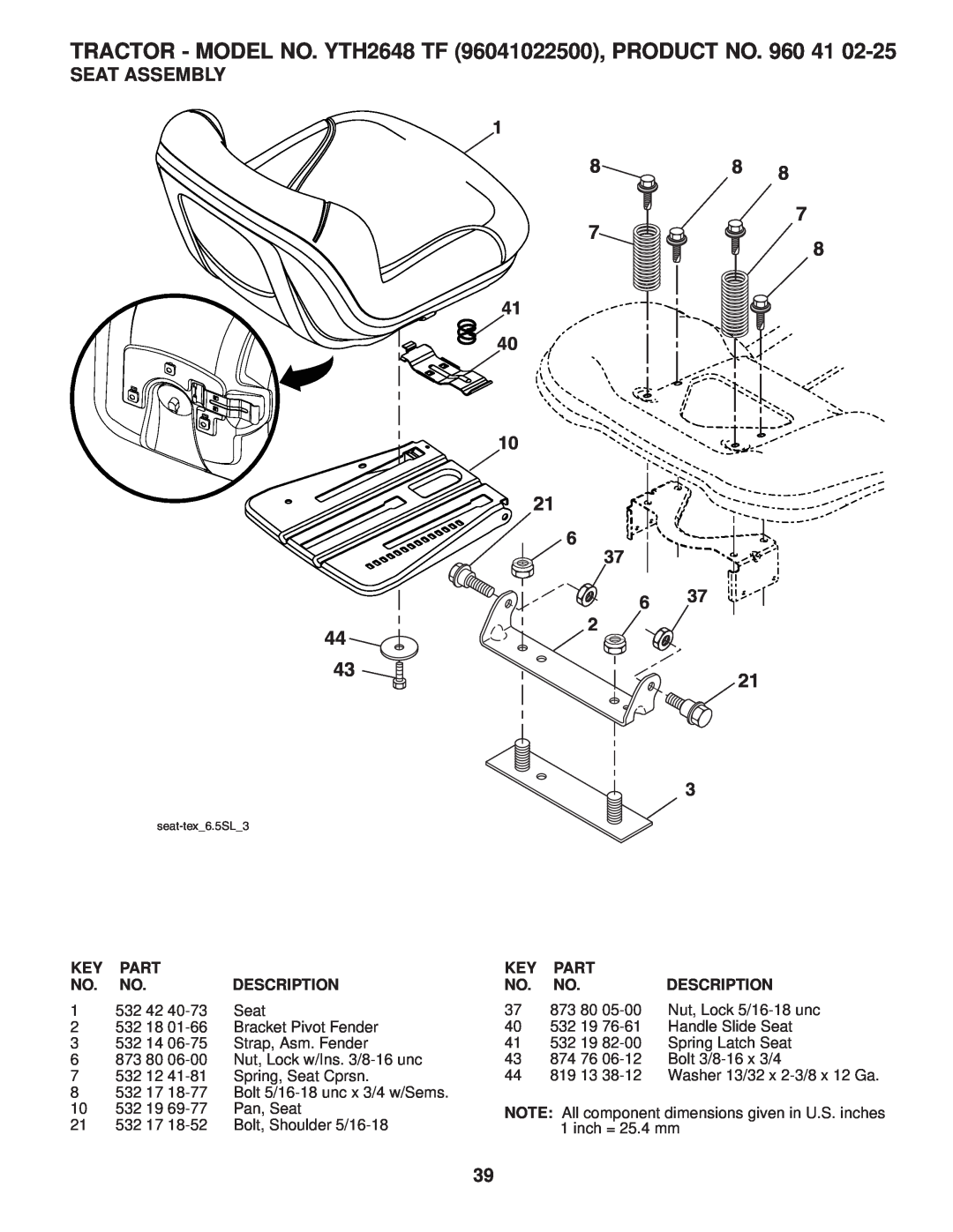 Husqvarna owner manual Seat Assembly, TRACTOR - MODEL NO. YTH2648 TF 96041022500, PRODUCT NO, Part, Description, 532 
