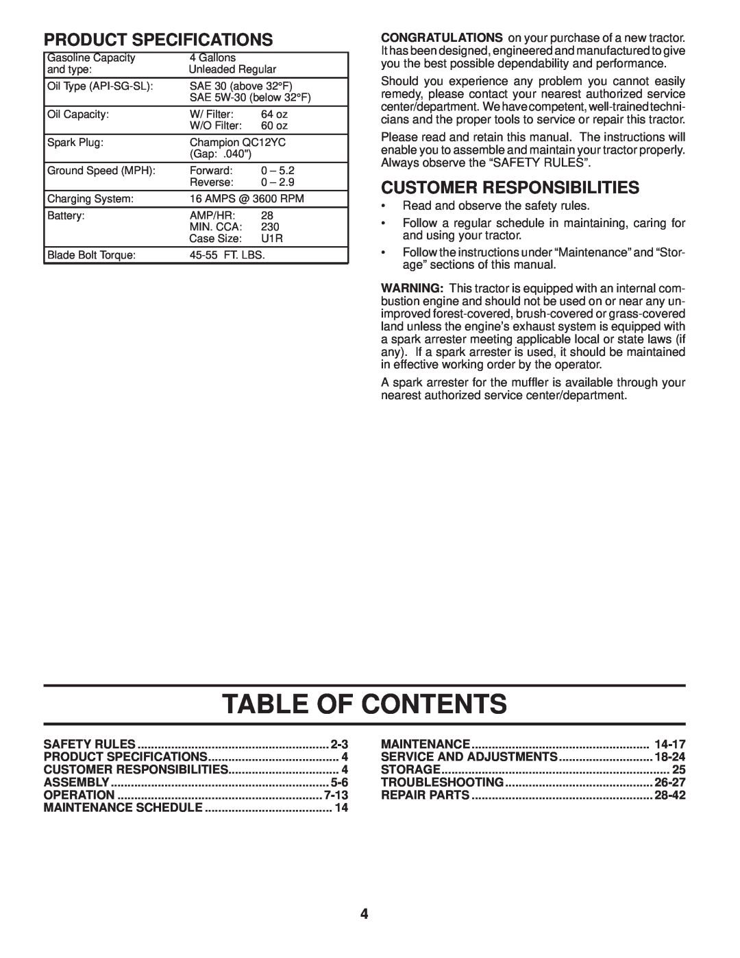Husqvarna YTH2648 TF Table Of Contents, Product Specifications, Customer Responsibilities, 7-13, 14-17, 18-24, 26-27 