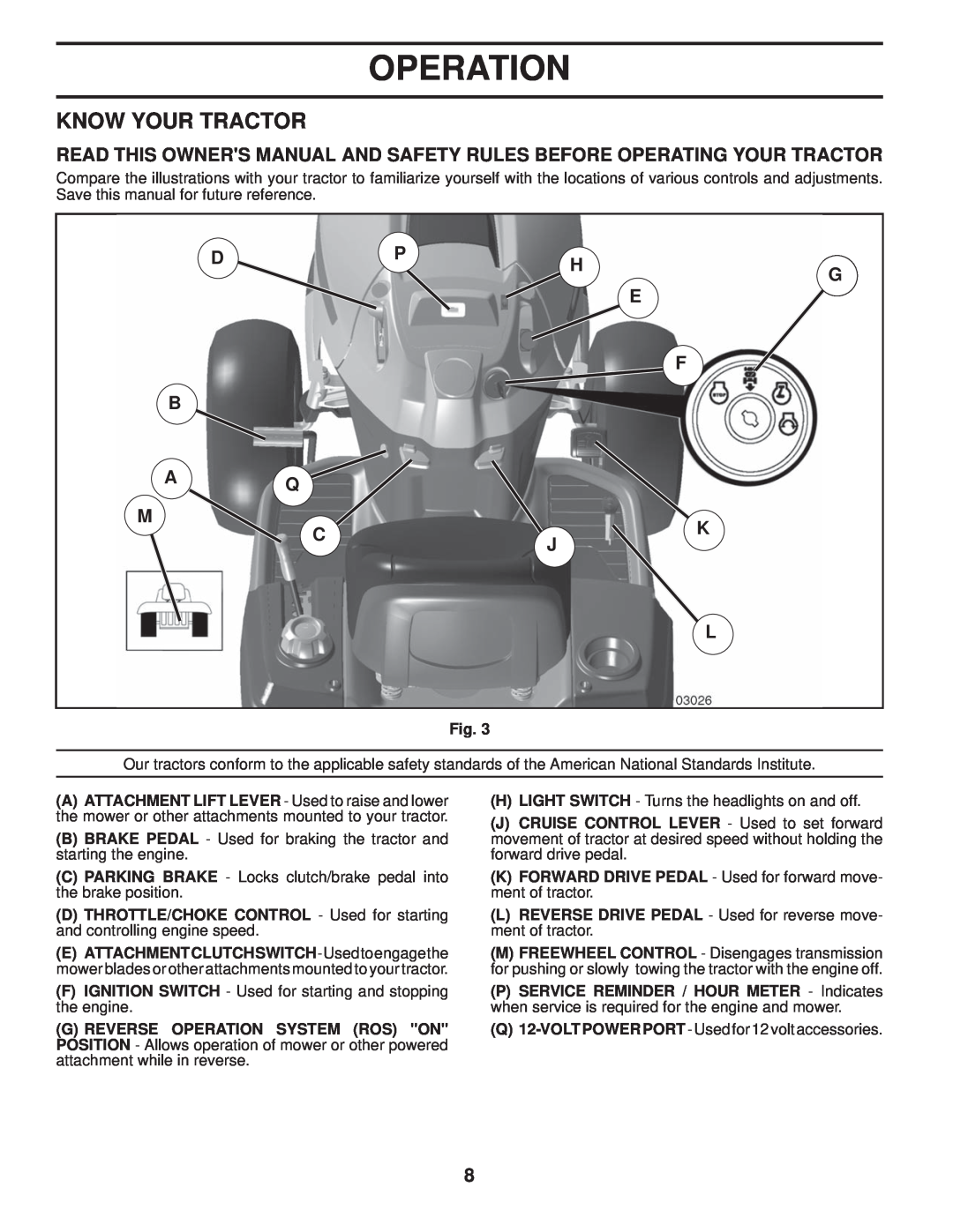 Husqvarna YTH2648 TF owner manual Know Your Tractor, Dphg E F, Cjk L, Operation 