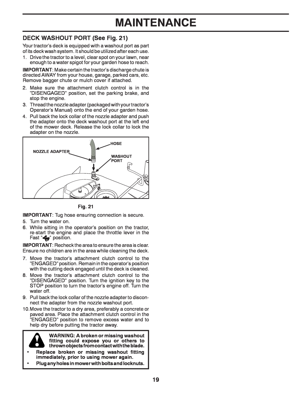 Husqvarna YTH2648TDRF owner manual DECK WASHOUT PORT See Fig, Maintenance, Pluganyholesinmowerwithboltsandlocknuts 